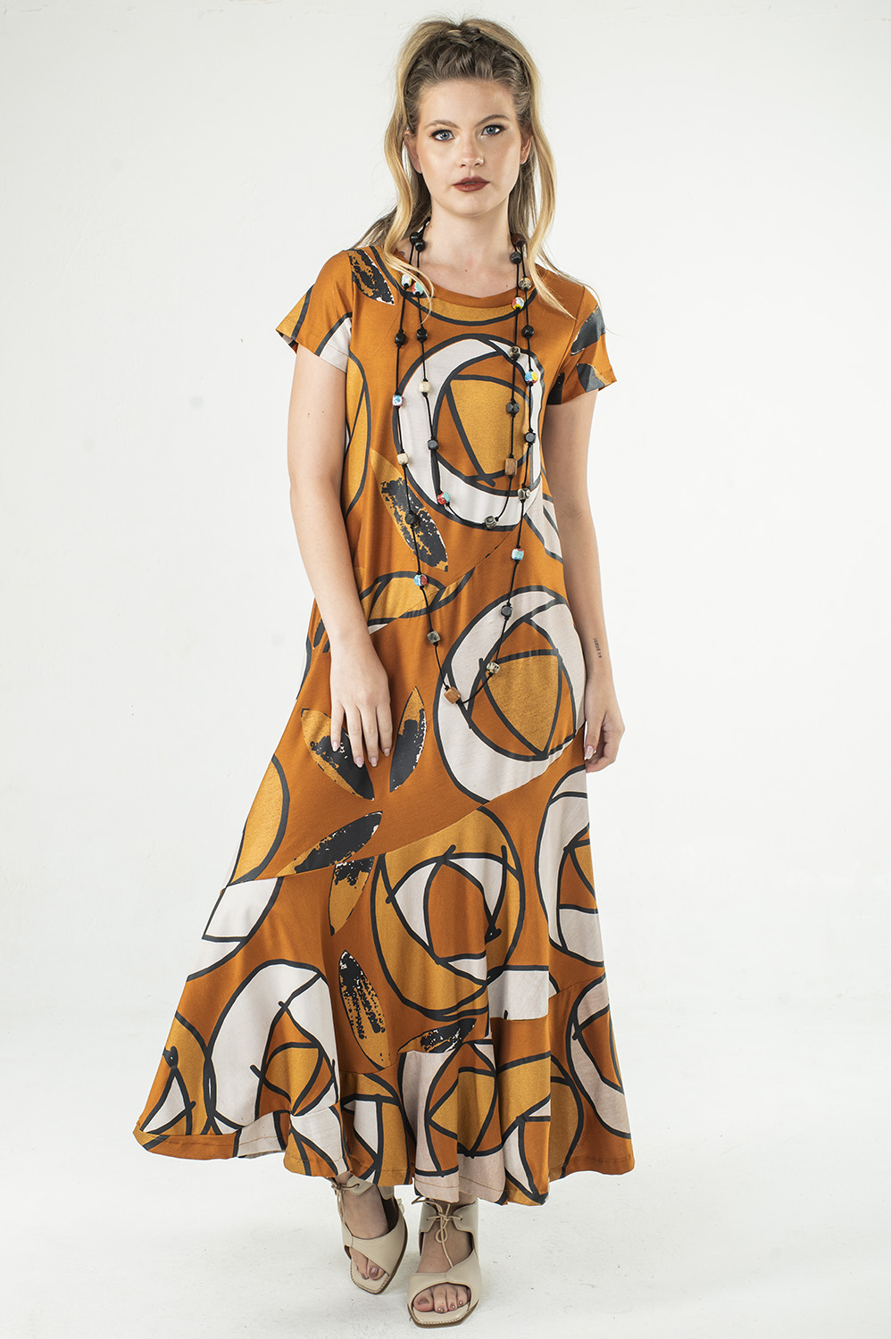 VESTIDO OVERMIDI, CARACOL COM MANGA CURTA E DECOTE REDONDO