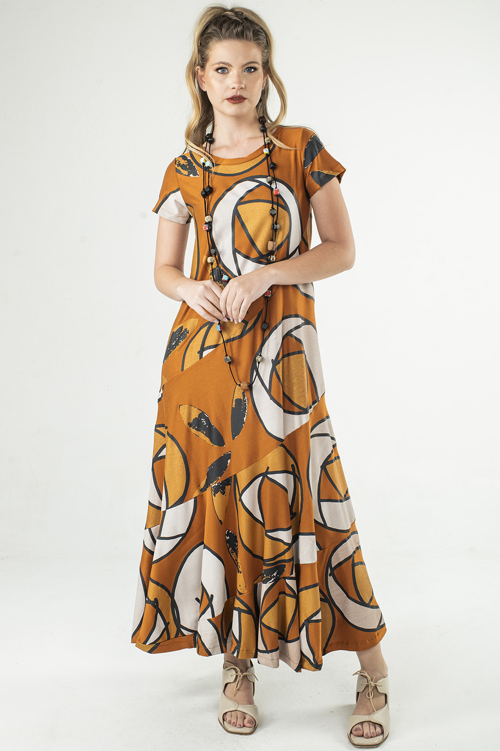 VESTIDO OVERMIDI, CARACOL COM MANGA CURTA E DECOTE REDONDO