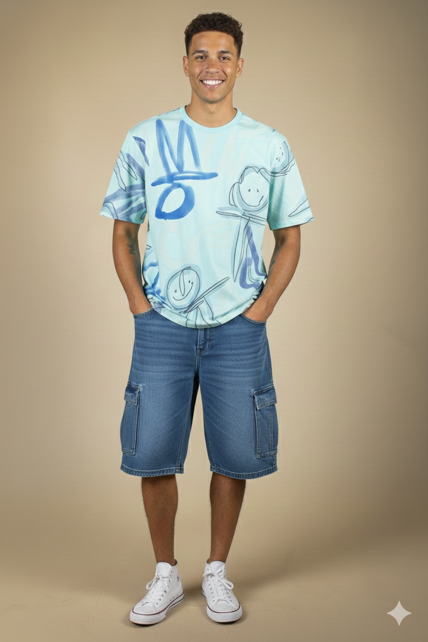 T-SHIRT PINTADA À MÃO, DE MANGA CURTA E DECOTE REDONDO