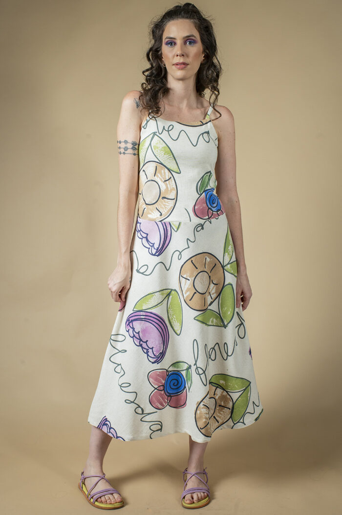 VESTIDO PINTADO À MÃO MIDI DE ALCINHA COM RECORTE ABAIXO DA CINTURA - Image 5