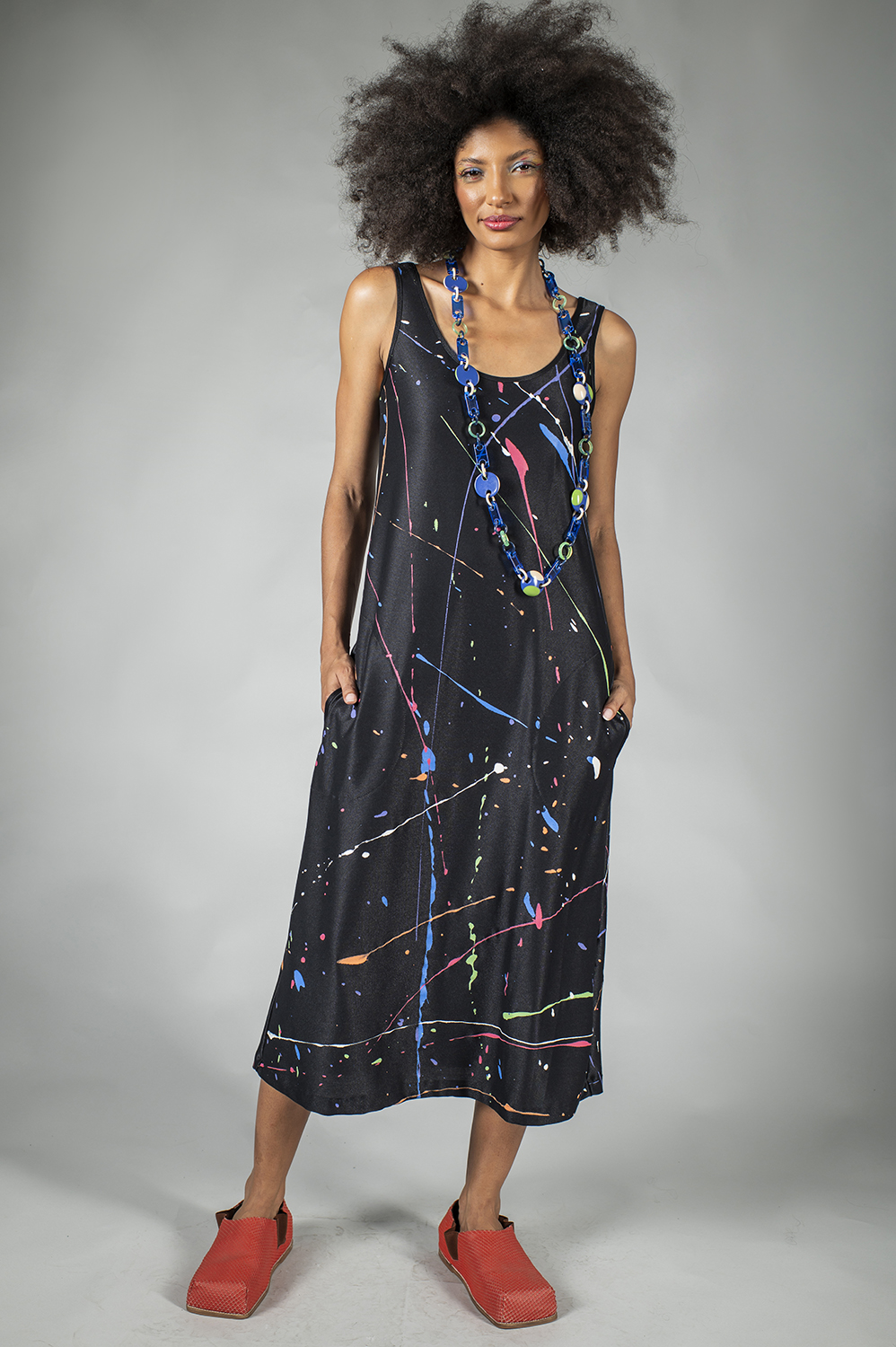 VESTIDO PINTADO À MÃO REGATA SOLTO RETO E MIDI