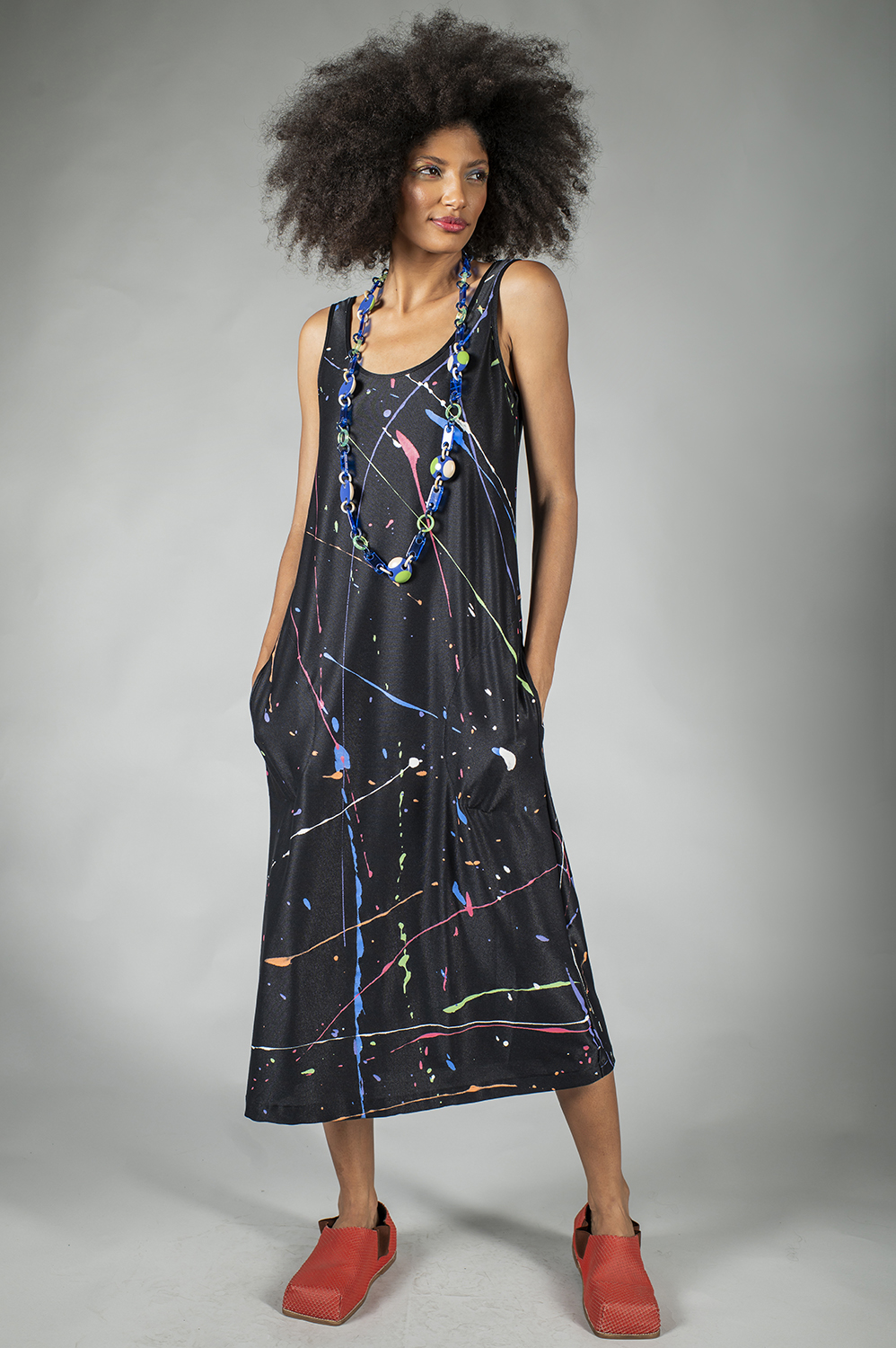 VESTIDO PINTADO À MÃO REGATA SOLTO RETO E MIDI